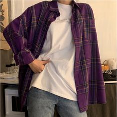 Loose Casual Purple Plaid Long Sleeve Shirt – Tomscloth Purple Plaid Outfit, Purple Plaid Shirt Outfit, Purple Oversized Button-up Top, Oversized Purple Button-up Top, Oversized Purple Collared Top, Oversized Long Sleeve Purple Top, Oversized Purple Long Sleeve Top, Purple Long Sleeve Shirt For Fall, Casual Purple Long Sleeve Top