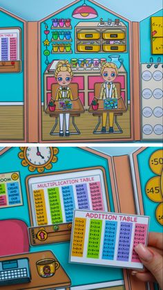 an image of two children playing in a game room with numbers and times on the wall