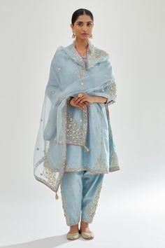 Shop for Kora Blue Silk Chanderi Embroidered Short Kurta Set for Women Online at Aza Fashions New Suit Design, Gota Embroidery, Sheer Dupatta, Punjabi Suits Designer Boutique, Salwar Suits Party Wear, Chanderi Dupatta, Blue Kurta, Short Kurta, Kurta Dress