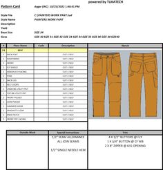 the size guide for men's jeans and pants, including one with an extra waist length