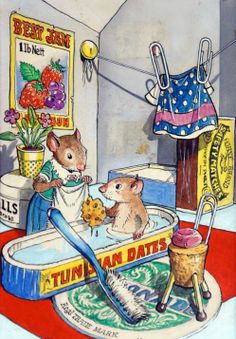 a painting of a mouse in a bathtub with other items on the floor around it