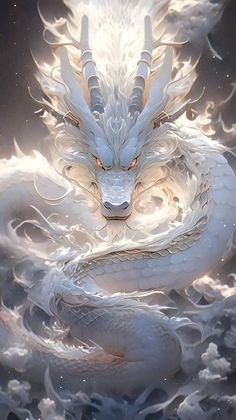 a white dragon with orange eyes sitting on top of a body of water in front of clouds