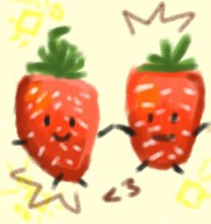 two red strawberries with faces drawn on them are facing each other in opposite directions