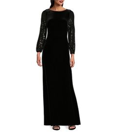 Alex Evenings Stretch Velvet Scoop Neck Long Sequin Balloon Sleeve Gown | Dillard's Sleeve Gown, Alex Evenings, Gowns With Sleeves, Stretch Velvet, Bride Dresses, Dillard's, Mother Of The Bride Dresses, How To Feel Beautiful, Evening Wear