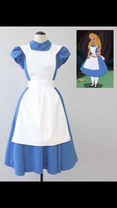 the dress is blue and white with an image of alice