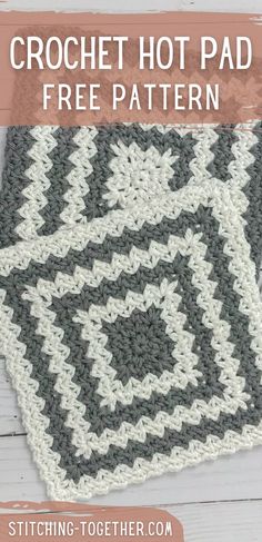 the crochet hot pad is shown with text overlay that says, free pattern