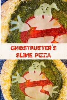 two pizzas that have been decorated to look like ghostbuster's slime pizza