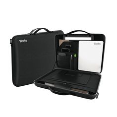 an open briefcase with various items in it on a white background, including a notepad and pen