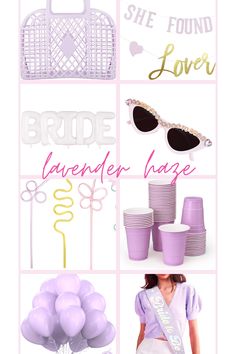 a collage of purple and white items with the words bridal lavender haze on them