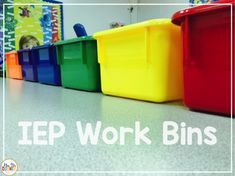 colorful plastic bins with the words pep work bins