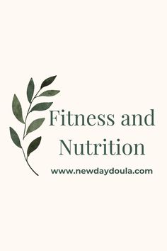 the words fitness and nutrition written in green on a white background with an olive branch