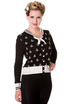 Sailor Pin-up Nautical Knit Anchor logo & White Bow two tone Black Cardigan  – Skelapparel Fifties Fashion, Plus Size Cardigans, White Bow, Long Sleeve Cardigan, Black Cardigan, Anchors