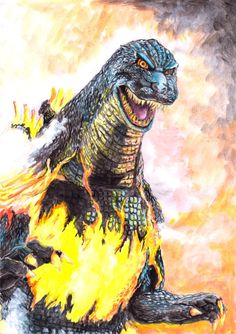 a drawing of a godzilla with flames coming out of it's mouth and hands