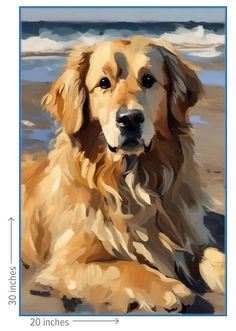 a painting of a golden retriever sitting on the beach in front of the ocean