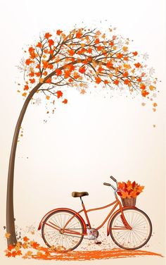 an orange bicycle parked next to a tree with autumn leaves on it's branches