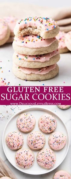 gluten free sugar cookies with pink frosting and sprinkles on a white plate