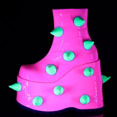 7" Wedge Platform Ankle Boots. Puffed Horns On The Outer Side. Inner Side Metal Zipper Closure. Uv Neon Reactive Glow Vegan Patent Leather. Styles: Gothic Stripper Clubbing Dancing Dancer Emo Goth Festival Yals-77 Green Platform Boots, Emo Boots, Goth Platforms, White Platforms, Demonia Boots, Concert Wear, Green Platform, Demonia Shoes, Pink Platforms