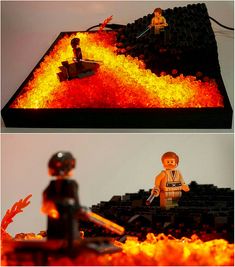 two pictures of lego figures in front of a fire