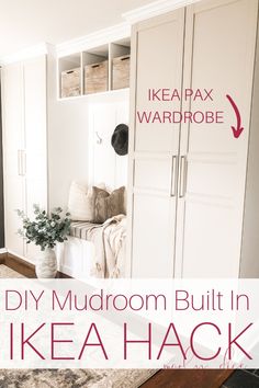 a bedroom built in ikea hack is shown with the words ikea pax wardrobe above it