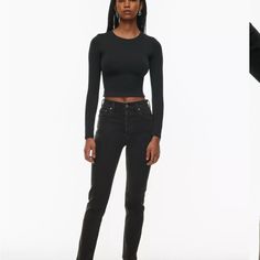 Color: Black Eyeliner Cigarette Leg Style Black Slim Fitted Jeans, Cropped Black Denim Jeans, Chic Black Cropped Jeans, High Rise Fitted Black Jeans, Black Fitted Mid-rise Jeans, Fitted Mid-rise Black Jeans, Fitted Cropped Black Jeans, Edgy Fitted Everyday Bottoms, Edgy Black Jeans For Everyday Wear