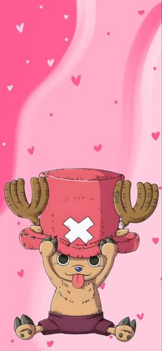 a cartoon character wearing a red hat with horns on it's head and hearts in the background