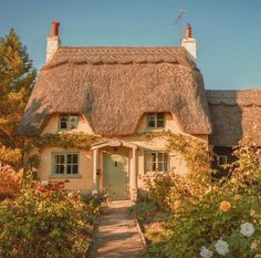 a thatched roof house with flowers in the foreground and a path leading to it