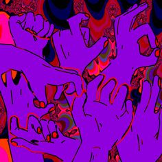 two hands reaching up to each other in front of an abstract background with red and purple colors