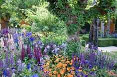 a garden filled with lots of colorful flowers and greenery next to a large tree