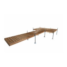 a long wooden bench with metal poles on the bottom and one section missing from it