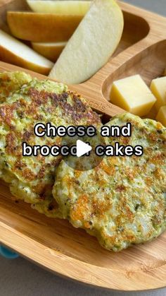 cheese and broccoli cakes on a wooden plate with apples in the back ground