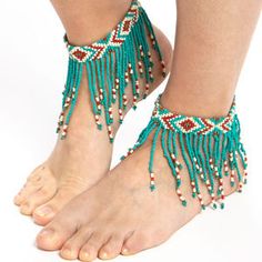 Bead Looming, Seed Bead Jewelry Patterns, Anklet Set, Anklet Chain, Native Beading Patterns, Beaded Ankle Bracelets, Gelang Manik-manik, Bead Fringe, Beaded Ankle