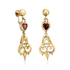 Ross-Simons - C. 1975 Vintage 2.00ct t. w. Garnet Heart Drop Earrings in 14kt Yellow Gold. C. 1975. Moody and romantic! Glowing with 2.00 ct. t. w. heart-shaped garnets, these 14kt yellow gold drop earrings from our Estate collection showcase warm color and ornamental details, like artful curves and charming openwork. Hanging length is 1 5/8". Non-pierced screw, garnet heart drop earrings. Exclusive, one-of-a-kind Estate Jewelry. Garnet birthstones are the perfect gift for January birthdays. Yellow Gold Drop Earrings, Accessory Inspo, Garnet Heart, Garnet Birthstone, Gold C, Gothic Accessories, Heart Drop Earrings, Gold Drop Earrings, Estate Jewelry