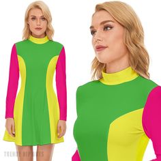 Step into the vibrant world of retro fashion with our Neon Dress, a perfect embodiment of 60s Dress Style and Mod Dress aesthetics. This Pink Green Mod Dress is a timeless piece that pays homage to the iconic GOGO Dress style of the 60s. With a neon green, neon pink, and neon yellow color block pattern, this dress captures the essence of the era's bold and playful fashion. Crafted from high-quality 100% polyester and featuring a luxurious Velour material, it ensures both comfort and durability, Dress 60s Style, Neon Dress, Playful Fashion, 60s Fashion Dresses, 60s Mini Dress, Gogo Dress, Neon Dresses, 60s Style, Green Neon