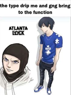 an anime character is wearing a blue shirt and black pants, with the caption above it