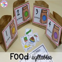 four bags with food pictures on them and the words, food sustenancees