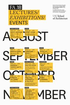 the poster for an event with yellow and black text on it, which reads'fa 3 lecture / exhibition / events '