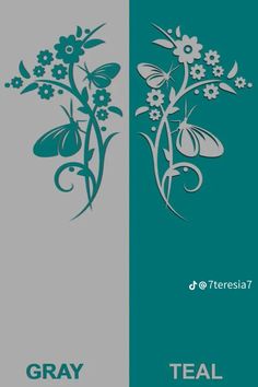 two banners with flowers and butterflies on them, one is gray and the other is teal