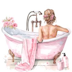 a watercolor painting of a woman sitting in a bathtub with pink flowers on her head