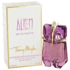 Thierry Mugler launched this mystical and alluring perfume in 2005. Alien is a unique woody amber fragrance for women that features a radiant note of jasmine sambac. Much like its iconic purple bottle, Alien has a creative, unexpected appeal. Fragrance Family: Woody, amber Scent Type: Floral, fresh, soft Notes: Alien by Thierry Mugler combines three complex scent notes to create a sensual and magical fragrance. The top note is bright, solar jasmine sambac that brings its naturally intoxicating, Thierry Mugler Alien Perfume, Alien Perfume, Indian Jasmine, Angel Perfume, Mugler Alien, Thierry Mugler Alien, Purple Bottle, Green Notes, Deodorant Spray