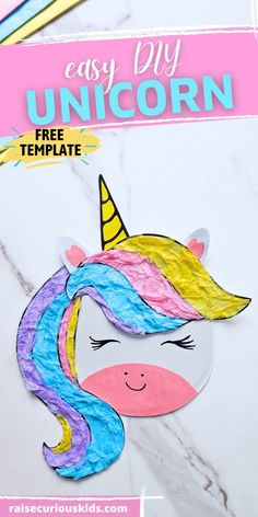 an easy unicorn paper craft for kids with the text easy diy unicorn free template