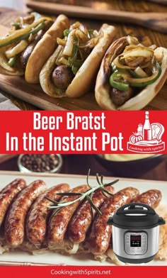 beer brats in the instant pot is shown with an image of hot dogs and sausages