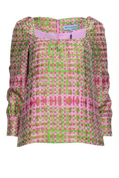 Current Boutique-Tuckernuck - Pink & Green Square Neck Textured Blouse Sz XS Multicolor Fitted Blouse With Balloon Sleeves, Fitted Multicolor Blouse With Balloon Sleeves, Fitted Multicolor Balloon Sleeve Blouse, Chic Multicolor Tops With Balloon Sleeves, Textured Puff Sleeve Summer Tops, Summer Textured Puff Sleeve Tops, Textured Puff Sleeve Tops For Summer, Trendy Multicolor Blouse With Balloon Sleeves, Trendy Multicolor Balloon Sleeve Blouse