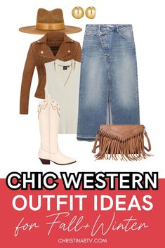 Step up your style this season with chic Western Fall Outfits that are perfect for the colder months. Whether you're pairing your favorite women cowboy boots outfit with cozy layers or creating Cowgirl Boots Outfits with denim and fringe, these looks will keep you warm and fashionable. Discover your next fall and winter go-to outfit. Women Cowboy Boots Outfit, Cowgirl Boots Outfits, Fall Cowgirl Outfits, Chic Western Outfits, Cowboy Boots Outfit Fall, Western Fall Outfits, Women Cowboy Boots, Iconic Accessories, Cowboy Boots Outfit