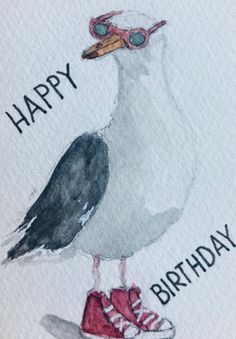 a drawing of a seagull with sunglasses on it's head and the words happy birthday