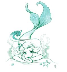 a drawing of a mermaid with her hair blowing in the wind and starfish around her