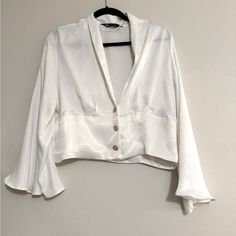 White - Size Xl, Nwot; Tried On Only, Never Worn. Zara Cape, Cape Sleeves, Zara White, Zara Tops, Cape, Color White, Blouses, Zara, Satin