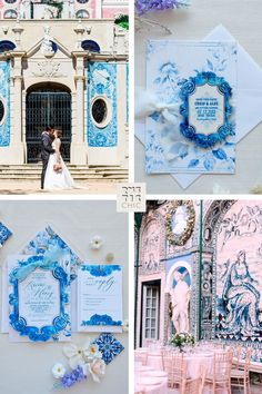 blue and white wedding stationery is displayed in four different pictures, including the bride and groom