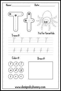 the letter t worksheet for children to learn how to write and draw it