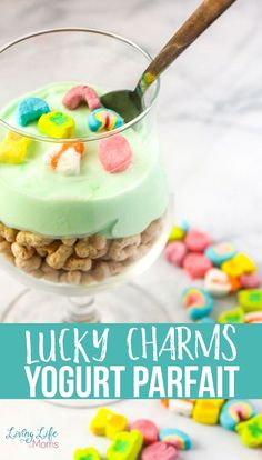 lucky charms yogurt parfait in a glass bowl