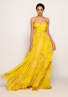 Saaksha & Kinni-Yellow Bandhani Print Strapless Gown-INDIASPOPUP.COM Bandhani Print, Dreamy Gowns, Yellow Gown, Indian Fabric, Strapless Gown, Asymmetrical Skirt, Sweetheart Neck, Blouse Styles, Salwar Kameez